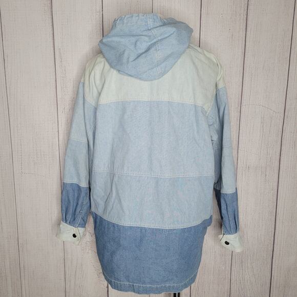 Striped Color block Zip And Shackle Hooded Oversized Denim Jacket Unisex Small - Picture 11 of 16